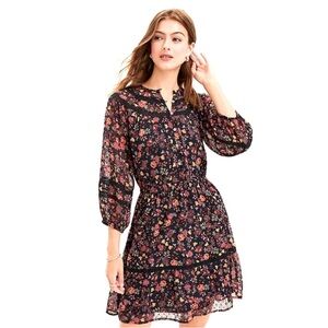 Loft Floral Clip Tiered Button Puff Sleeve Fall Floral Dress Size Medium Tall